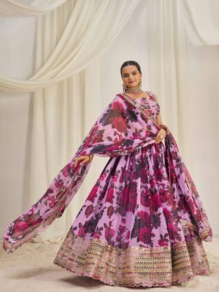 Floral Digital Printed Organza Lehenga with Zari, Dori and Sequin Embroidery