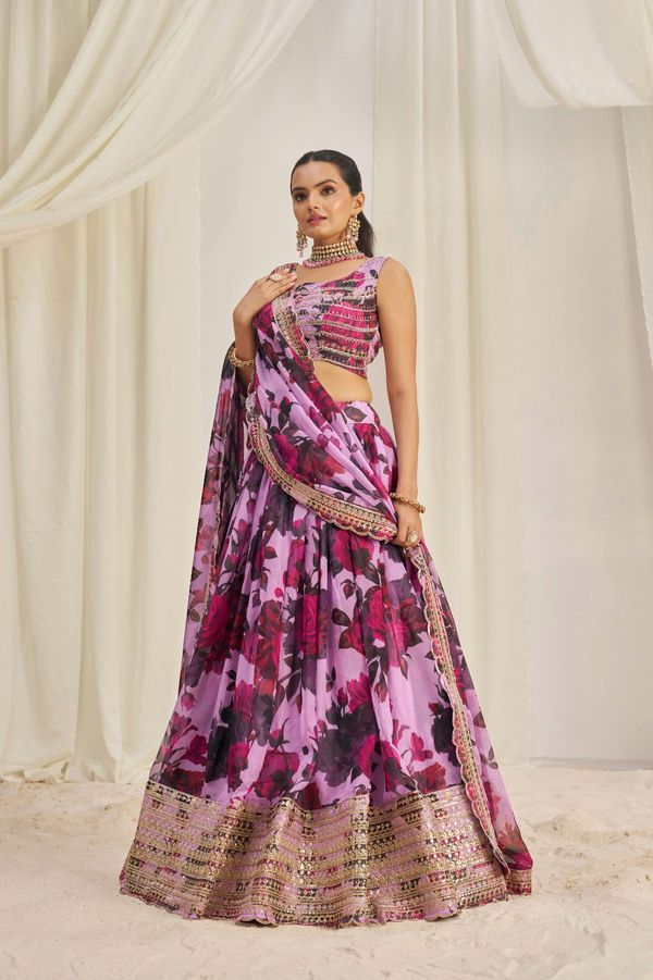 Floral Digital Printed Organza Lehenga with Zari, Dori and Sequin Embroidery