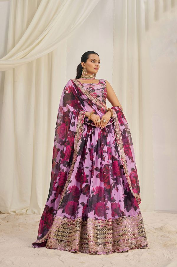 Floral Digital Printed Organza Lehenga with Zari, Dori and Sequin Embroidery