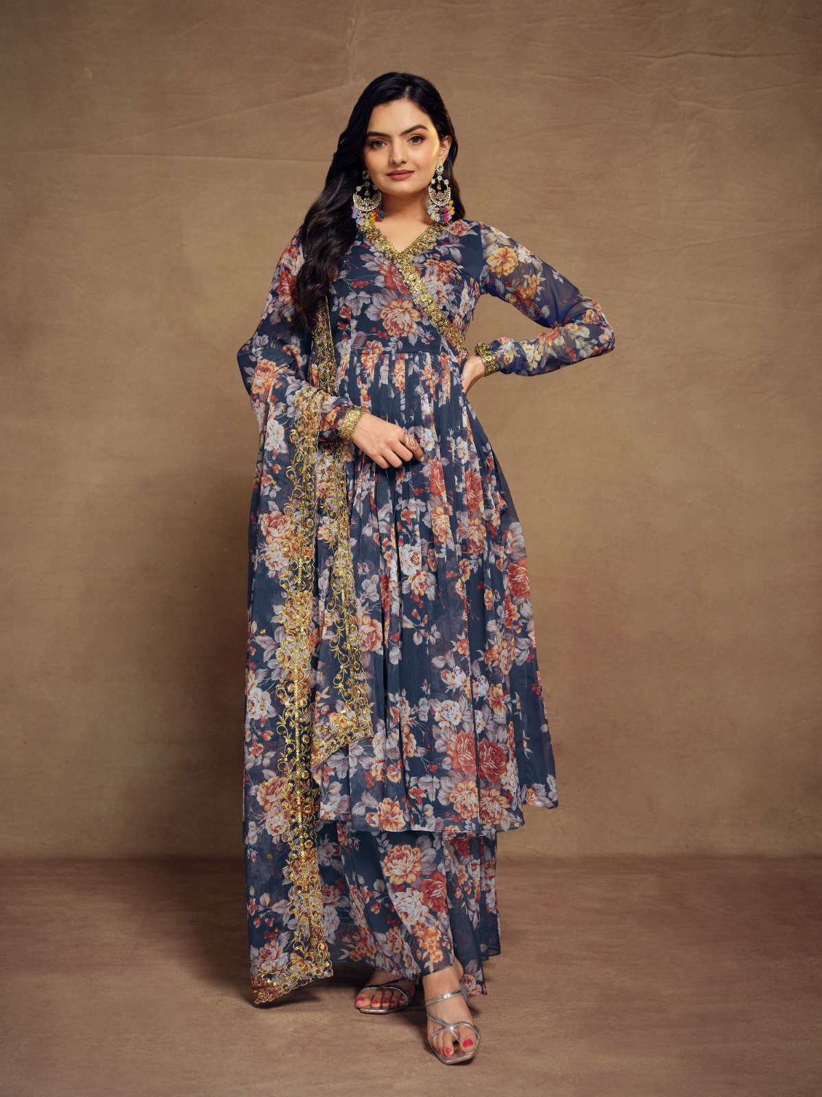 Floral Digital Printed Chiffon Kurti Palazzo Set with Zari Embroidery