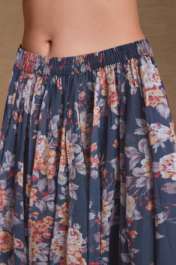 Floral Digital Printed Chiffon Kurti Palazzo Set with Zari Embroidery