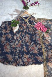 Floral Digital Printed Chiffon Kurti Palazzo Set with Zari Embroidery