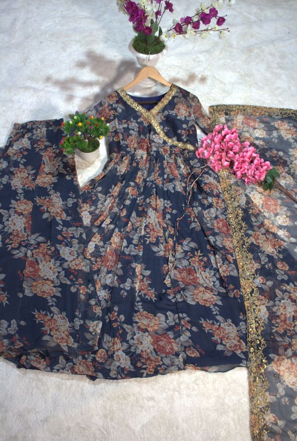 Floral Digital Printed Chiffon Kurti Palazzo Set with Zari Embroidery