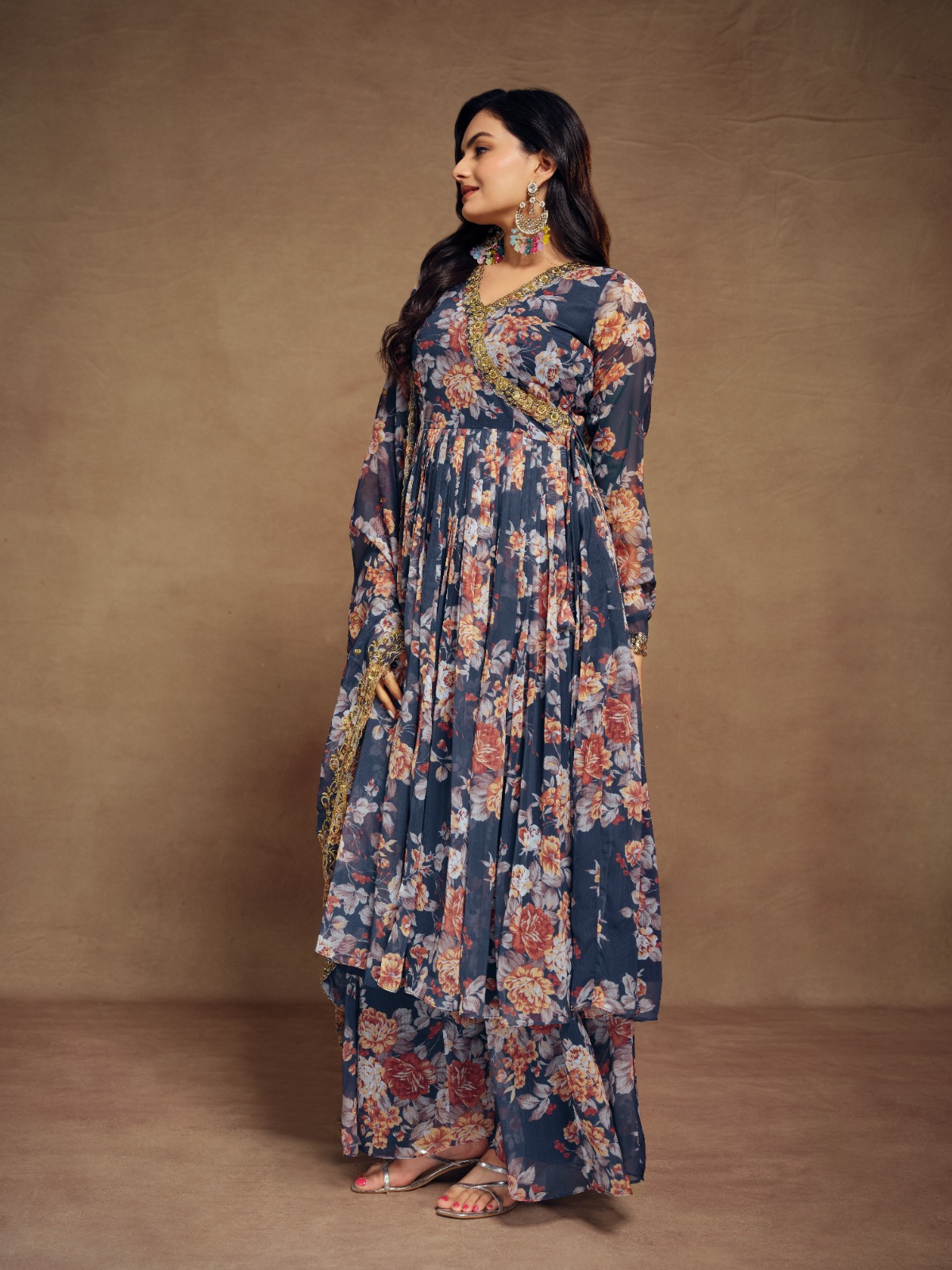 Floral Digital Printed Chiffon Kurti Palazzo Set with Zari Embroidery