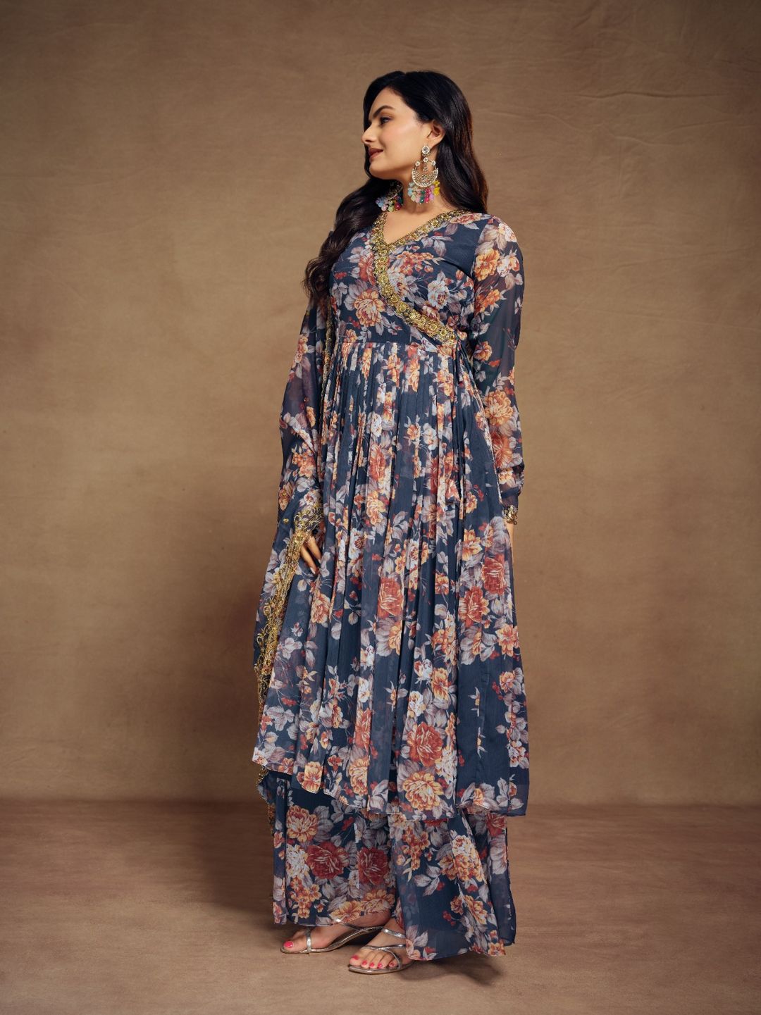 Floral Digital Printed Chiffon Kurti Palazzo Set with Zari Embroidery