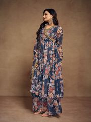 Floral Digital Printed Chiffon Kurti Palazzo Set with Zari Embroidery
