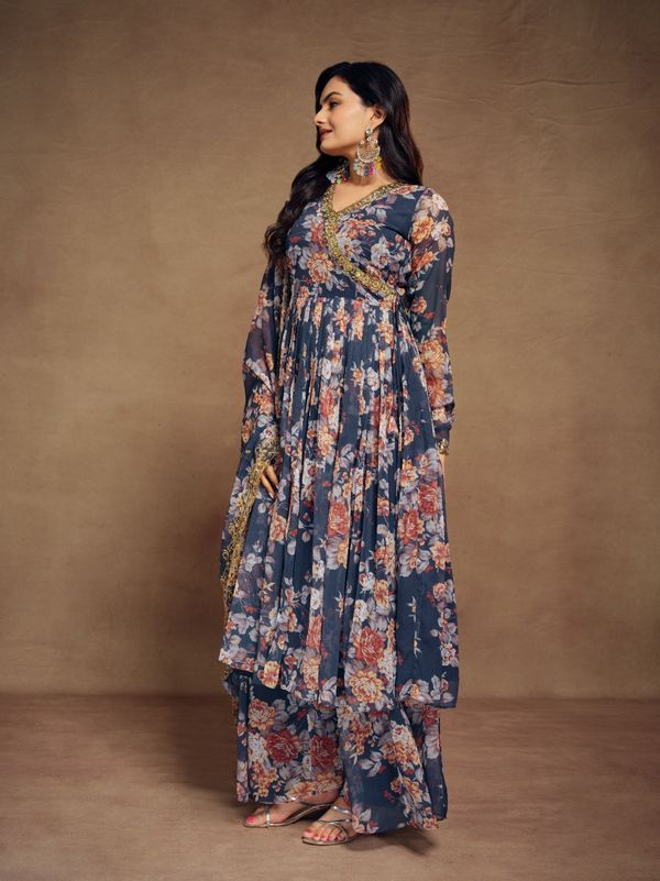 Floral Digital Printed Chiffon Kurti Palazzo Set with Zari Embroidery