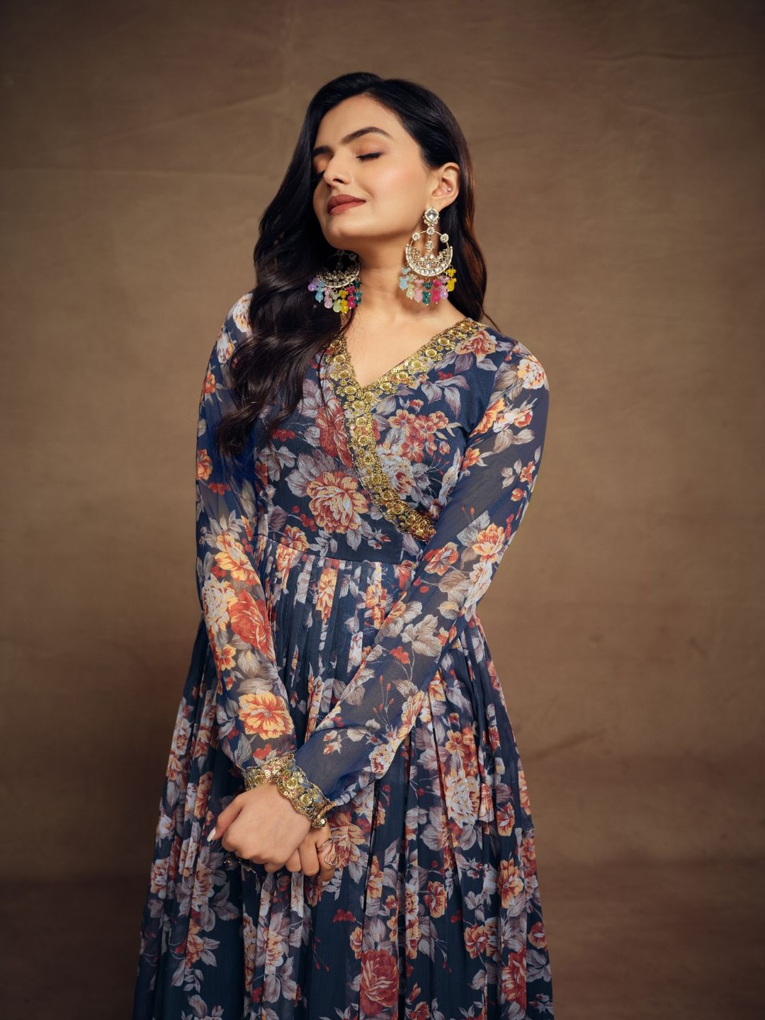Floral Digital Printed Chiffon Kurti Palazzo Set with Zari Embroidery