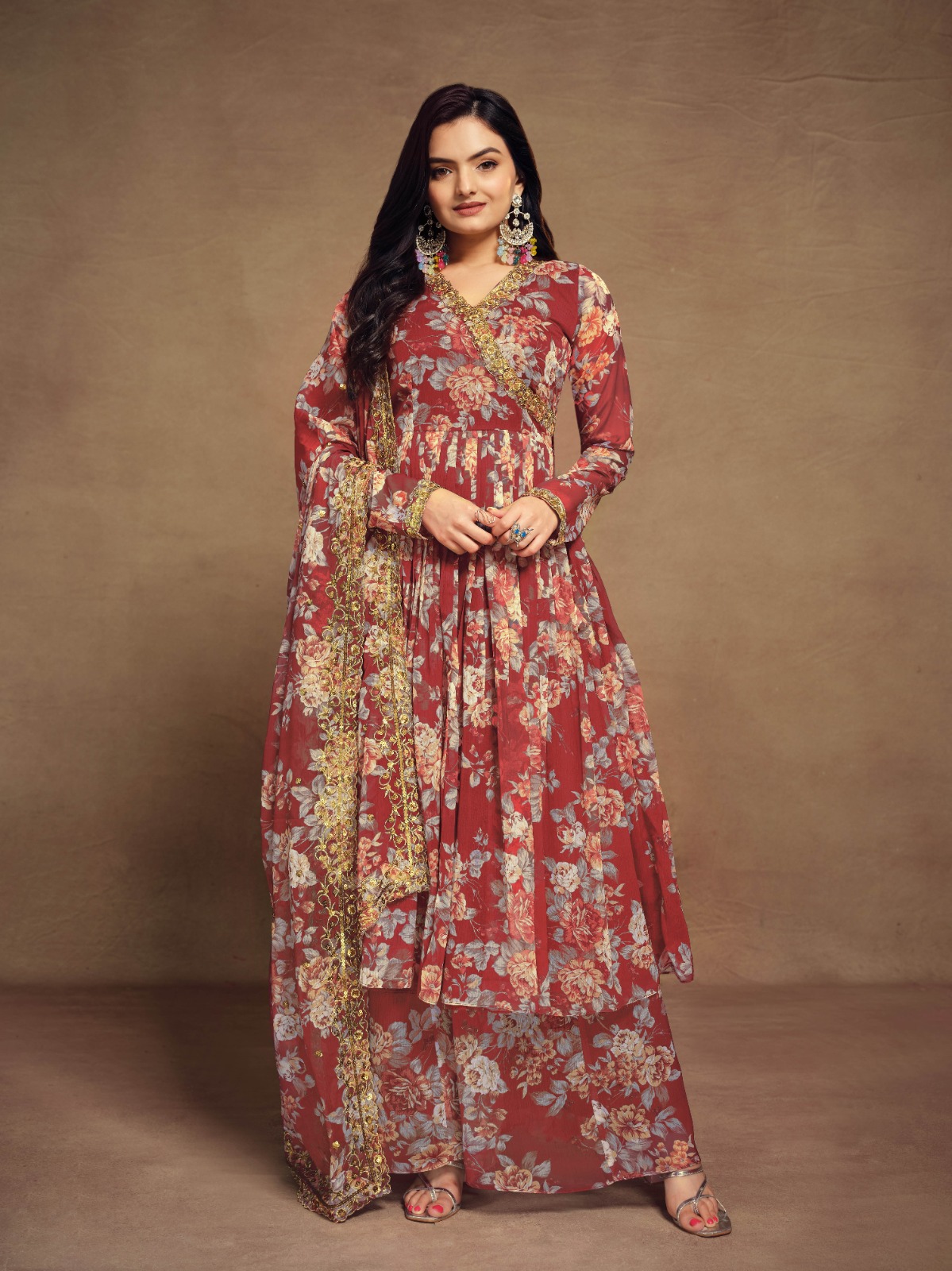 Shop Floral Digital Printed Chiffon Kurti Palazzo Set with zari embroidery