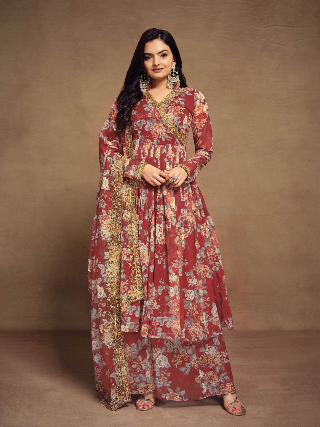 Shop Floral Digital Printed Chiffon Kurti Palazzo Set with zari embroidery