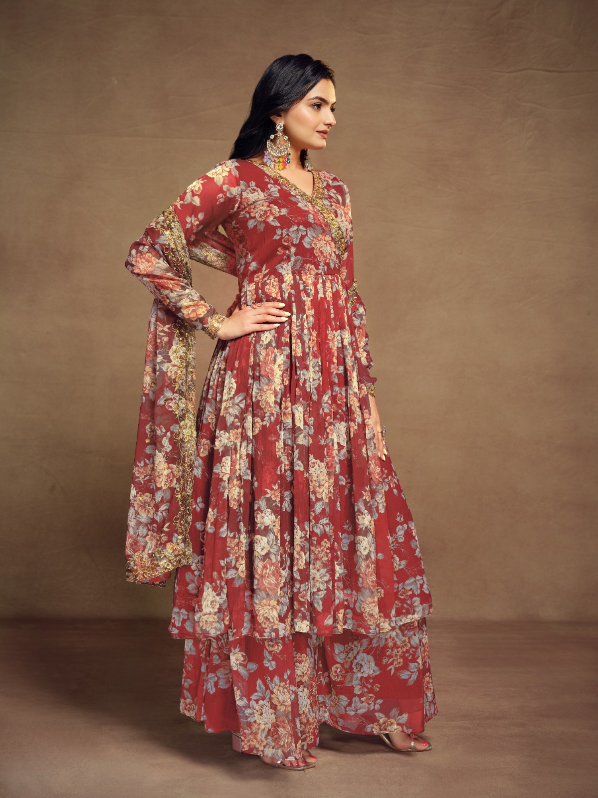 Shop Floral Digital Printed Chiffon Kurti Palazzo Set with zari embroidery