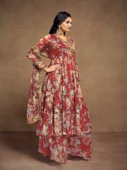 Shop Floral Digital Printed Chiffon Kurti Palazzo Set with zari embroidery