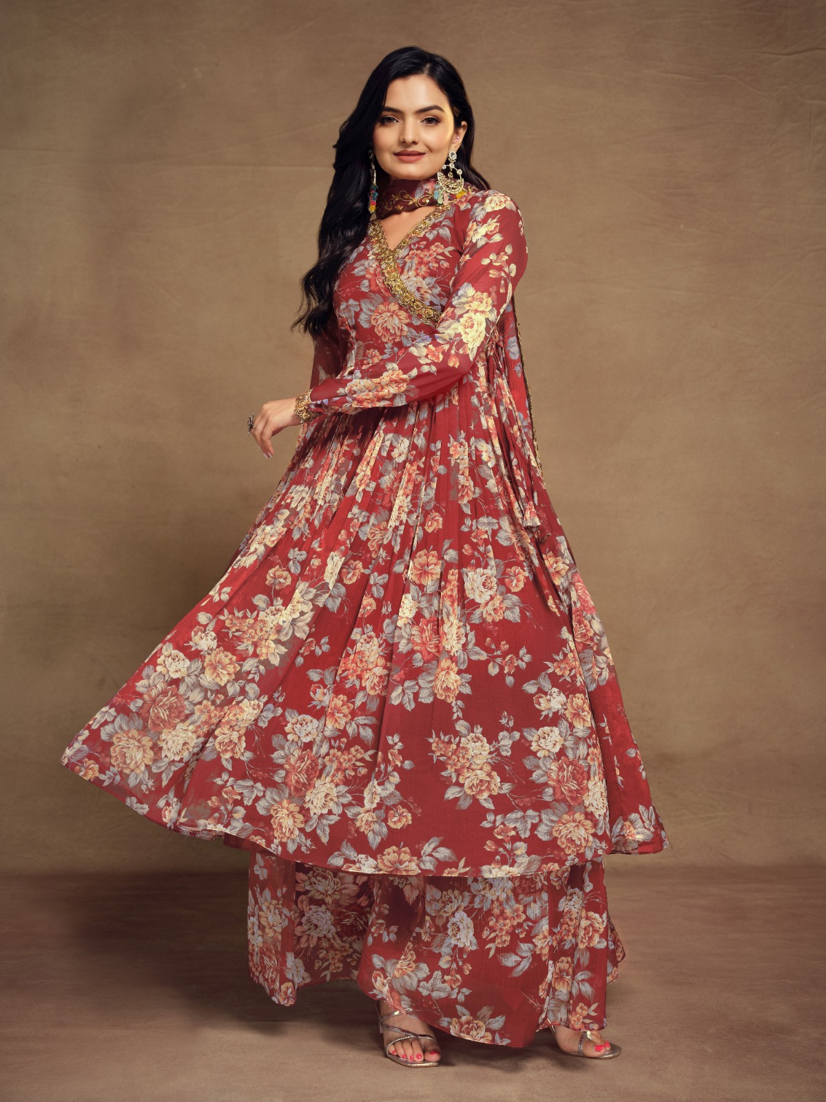Shop Floral Digital Printed Chiffon Kurti Palazzo Set with zari embroidery