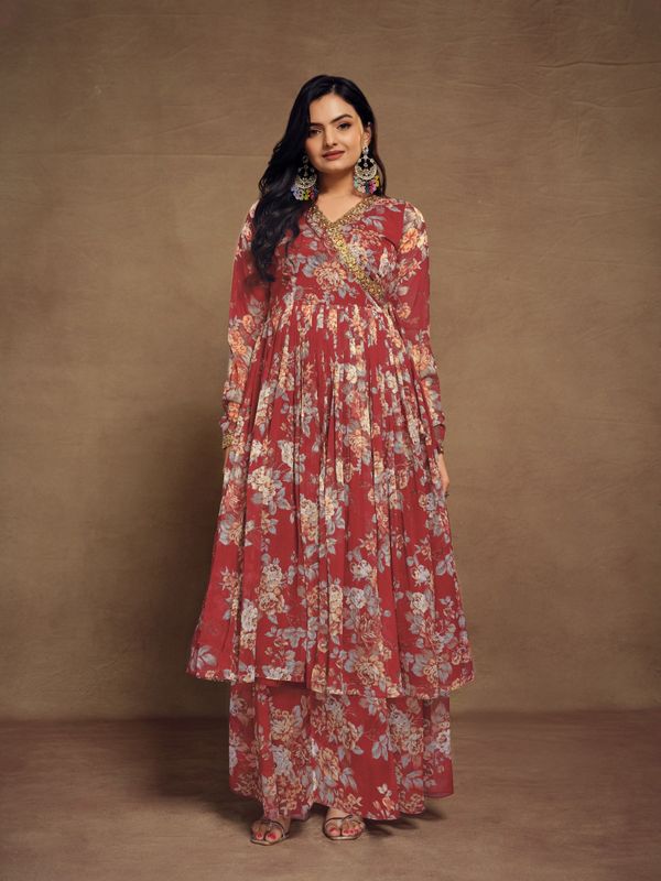 Shop Floral Digital Printed Chiffon Kurti Palazzo Set with zari embroidery