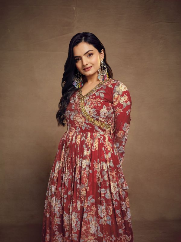 Shop Floral Digital Printed Chiffon Kurti Palazzo Set with zari embroidery