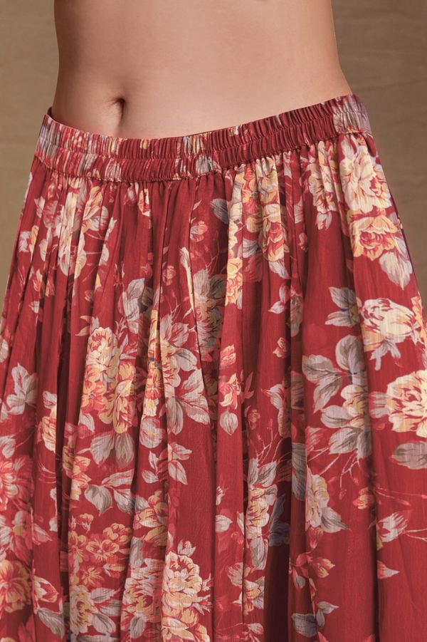 Shop Floral Digital Printed Chiffon Kurti Palazzo Set with zari embroidery