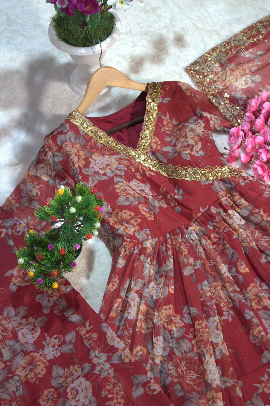 Shop Floral Digital Printed Chiffon Kurti Palazzo Set with zari embroidery