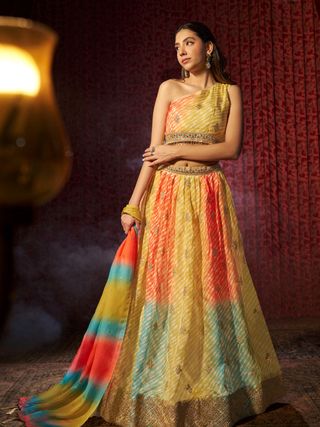 Multi Colour Organza Lehenga Choli with Digital Print, Cording Embroidery and Mukaish Work Dupatta, Semi Stitched Lehenga Set