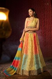 Multi Colour Organza Lehenga Choli with Digital Print, Cording Embroidery and Mukaish Work Dupatta, Semi Stitched Lehenga Set - GOLDEN