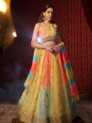 Multi Colour Organza Lehenga Choli with Digital Print, Cording Embroidery and Mukaish Work Dupatta, Semi Stitched Lehenga Set