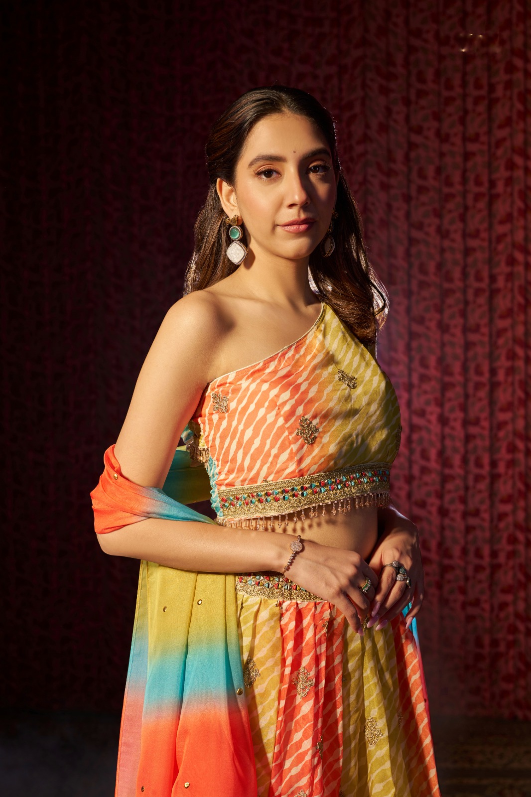 Multi Colour Organza Lehenga Choli with Digital Print, Cording Embroidery and Mukaish Work Dupatta, Semi Stitched Lehenga Set