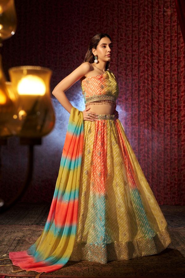 Multi Colour Organza Lehenga Choli with Digital Print, Cording Embroidery and Mukaish Work Dupatta, Semi Stitched Lehenga Set
