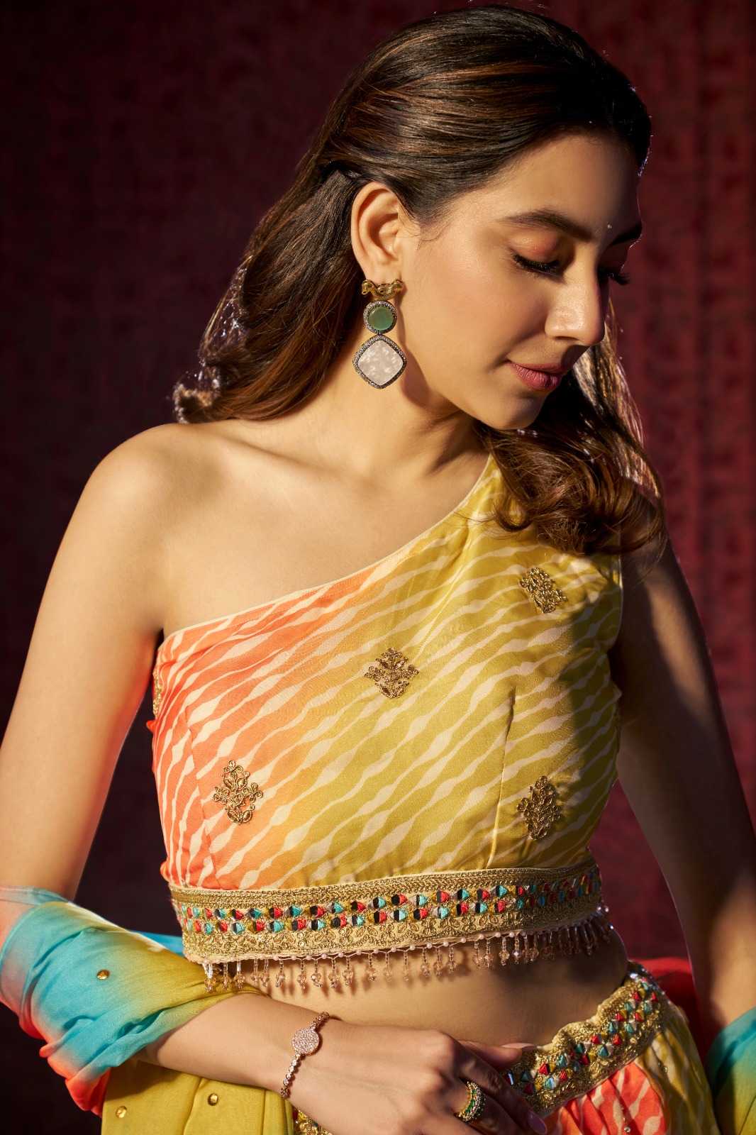 Multi Colour Organza Lehenga Choli with Digital Print, Cording Embroidery and Mukaish Work Dupatta, Semi Stitched Lehenga Set