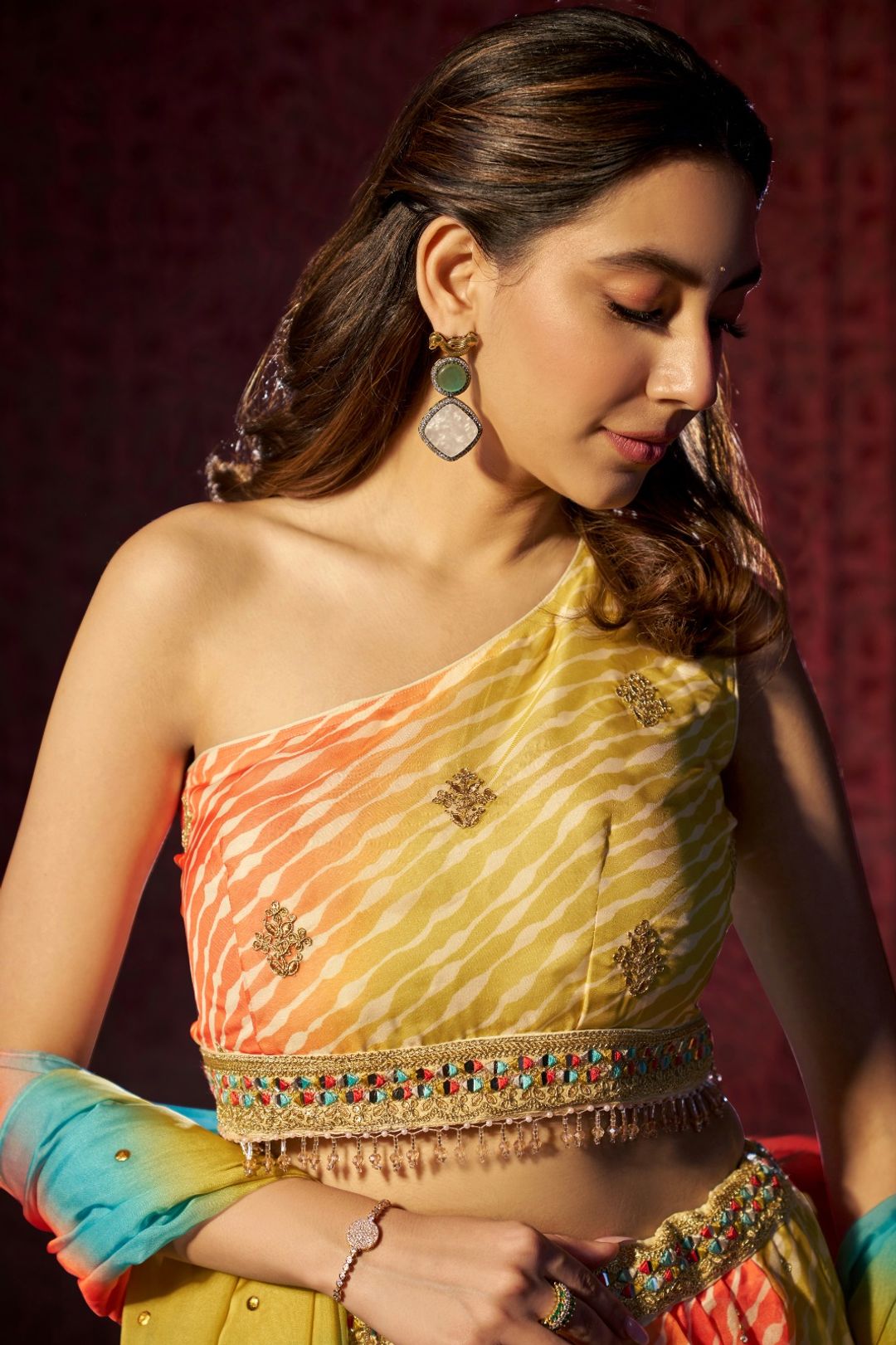 Multi Colour Organza Lehenga Choli with Digital Print, Cording Embroidery and Mukaish Work Dupatta, Semi Stitched Lehenga Set