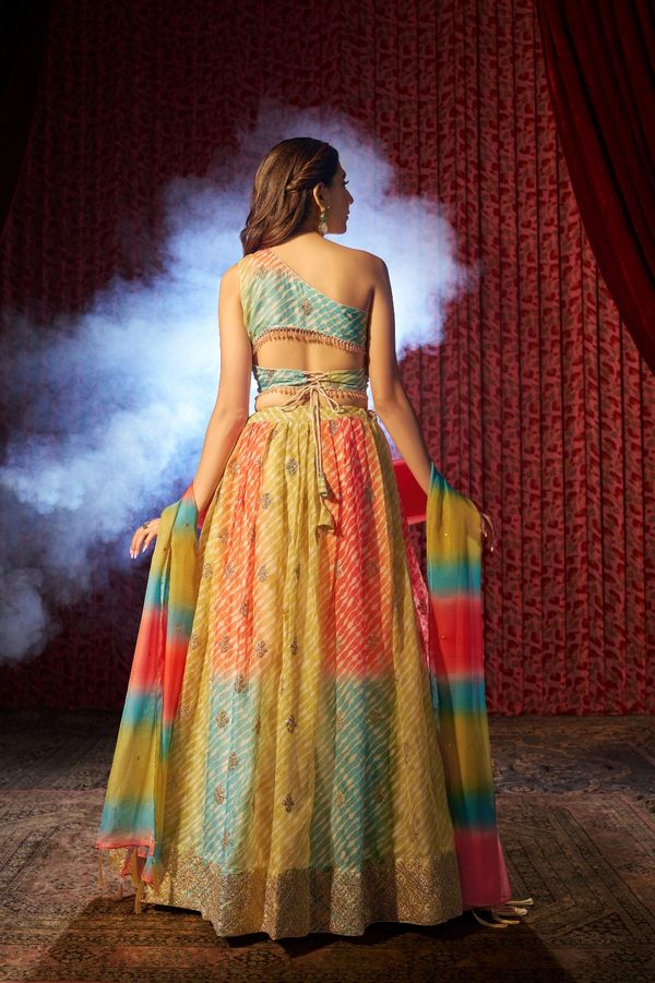 Multi Colour Organza Lehenga Choli with Digital Print, Cording Embroidery and Mukaish Work Dupatta, Semi Stitched Lehenga Set
