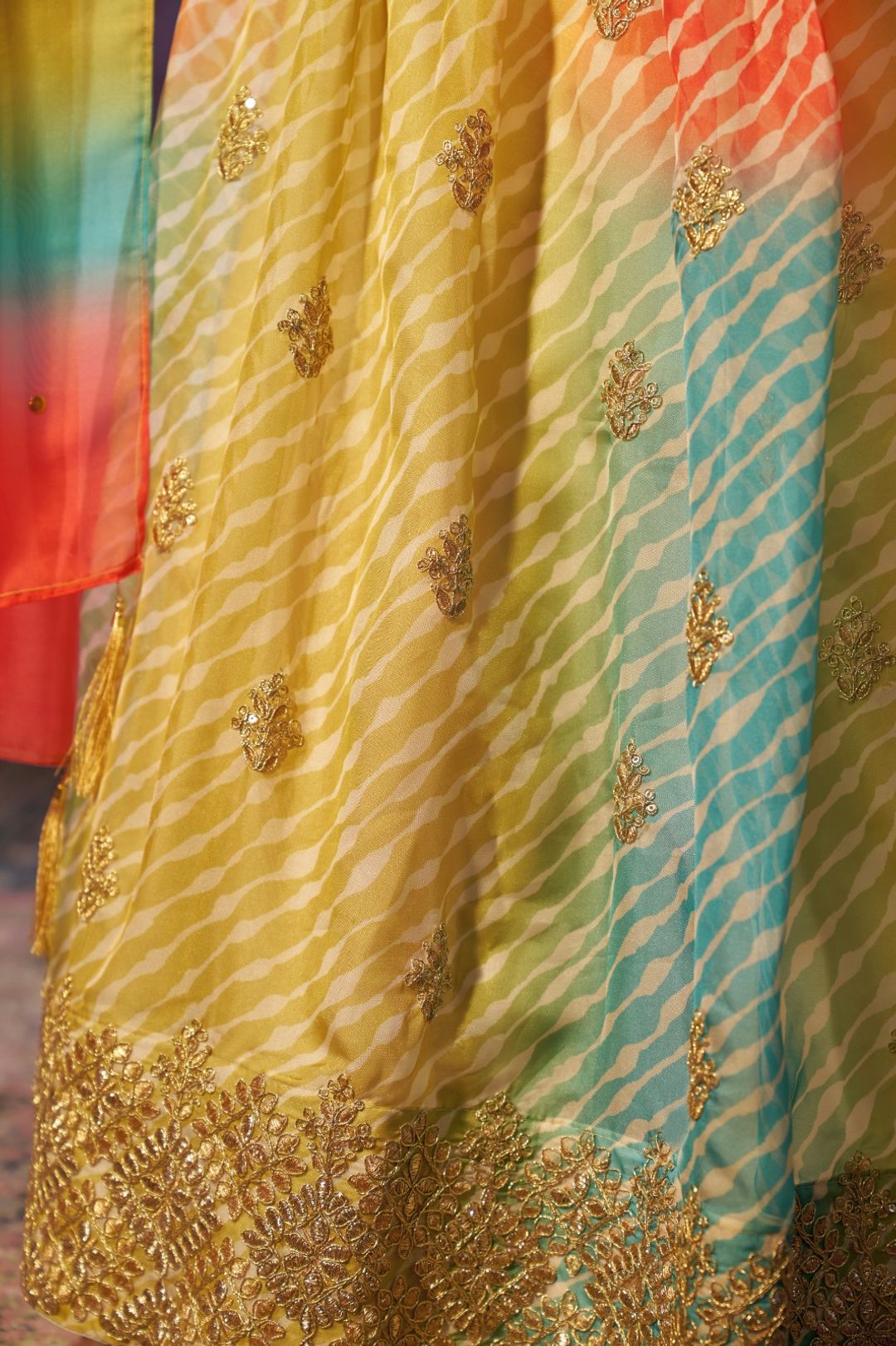 Multi Colour Organza Lehenga Choli with Digital Print, Cording Embroidery and Mukaish Work Dupatta, Semi Stitched Lehenga Set