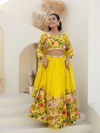 Yellow Organza Floral Embroidered Lehenga Choli with Sequins and Thread Work
