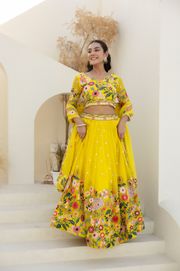Yellow Organza Floral Embroidered Lehenga Choli with Sequins and Thread Work - CANARY YELLOW