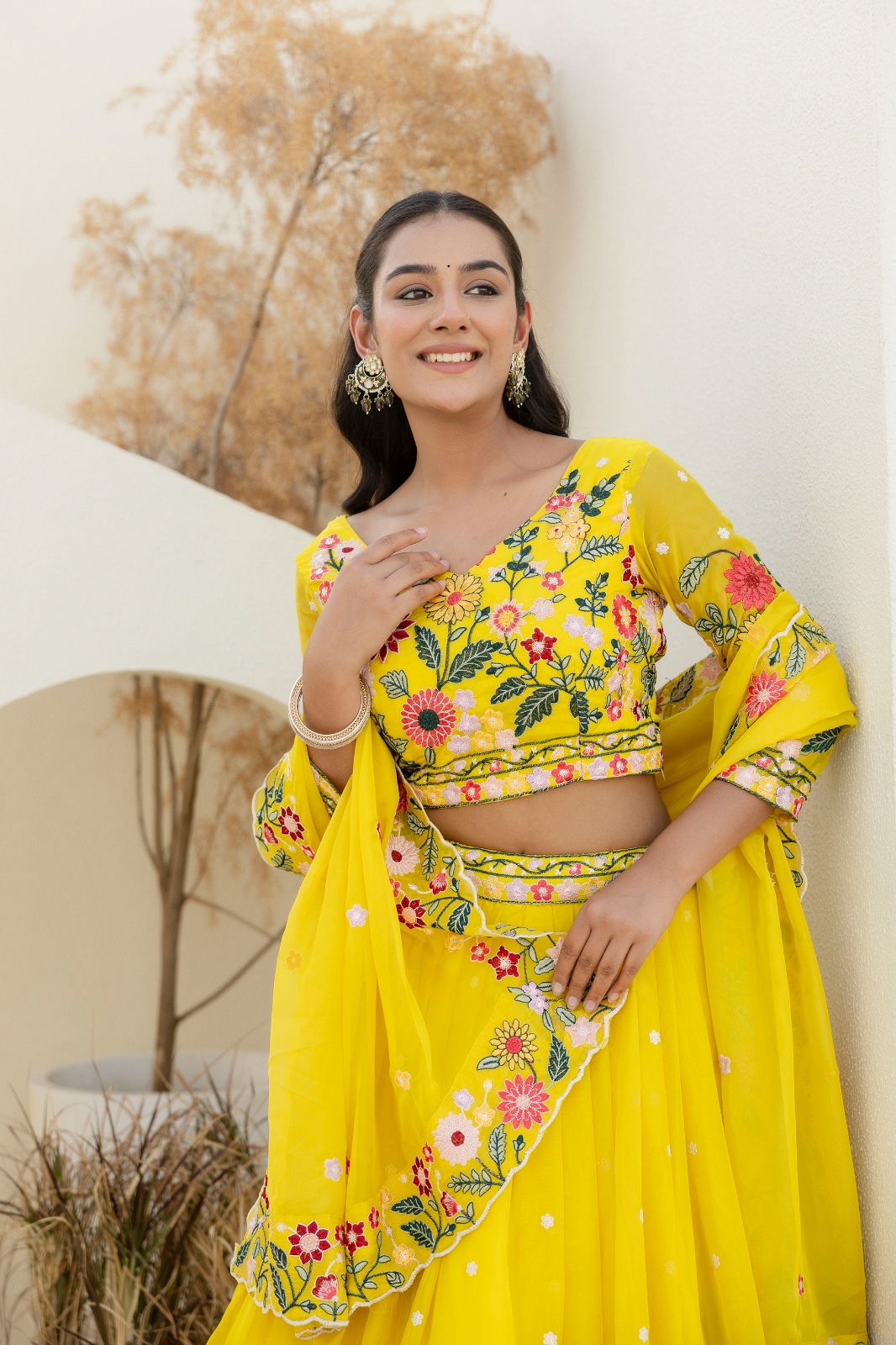 Yellow Organza Floral Embroidered Lehenga Choli with Sequins and Thread Work