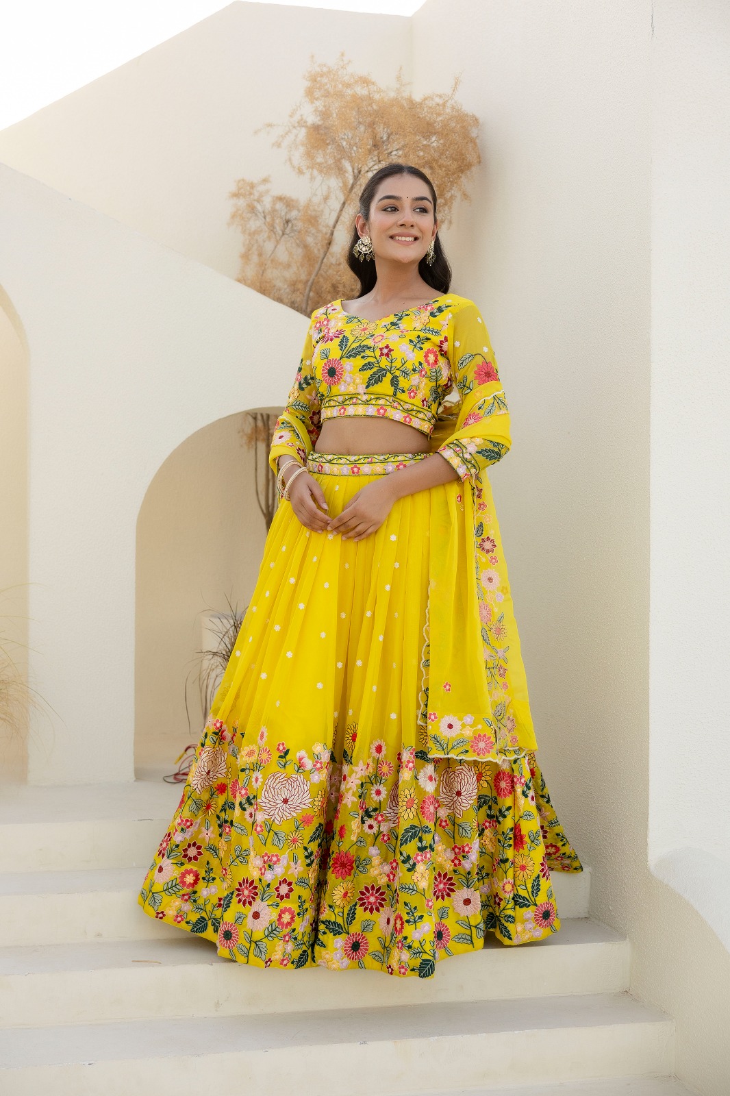 Yellow Organza Floral Embroidered Lehenga Choli with Sequins and Thread Work