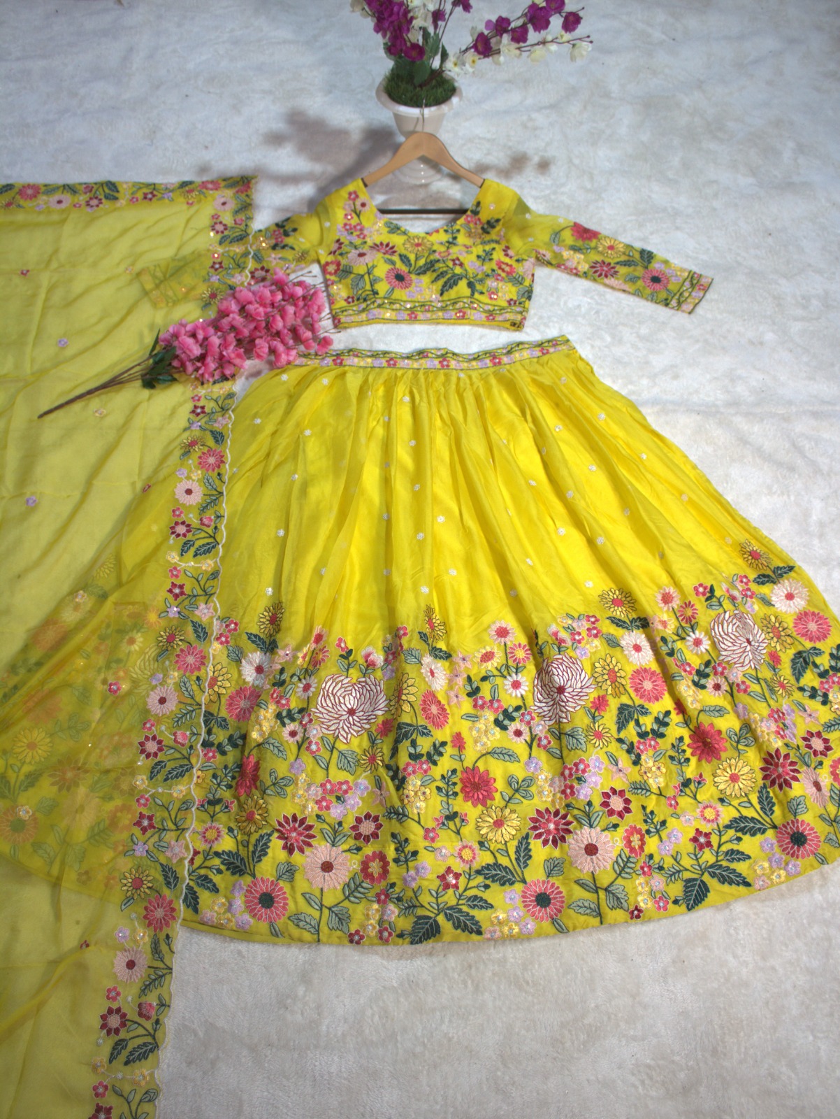 Yellow Organza Floral Embroidered Lehenga Choli with Sequins and Thread Work