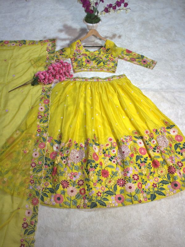 Yellow Organza Floral Embroidered Lehenga Choli with Sequins and Thread Work