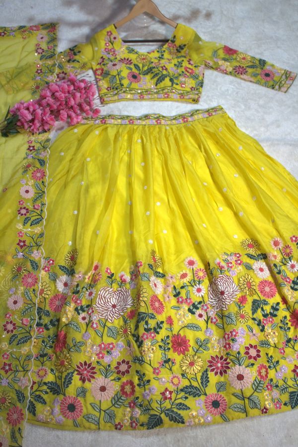 Yellow Organza Floral Embroidered Lehenga Choli with Sequins and Thread Work