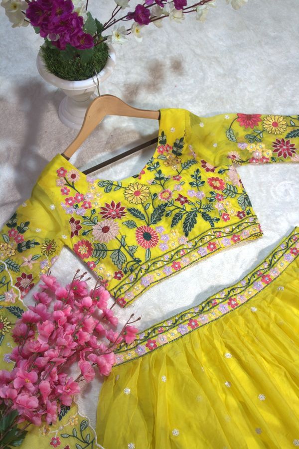 Yellow Organza Floral Embroidered Lehenga Choli with Sequins and Thread Work