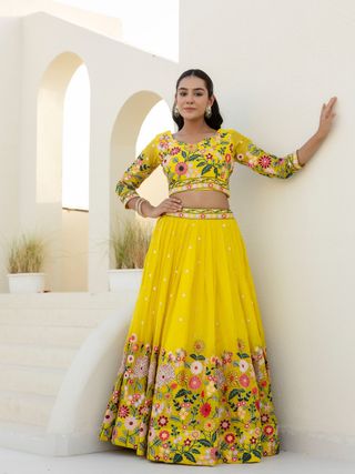 Yellow Organza Floral Embroidered Lehenga Choli with Sequins and Thread Work