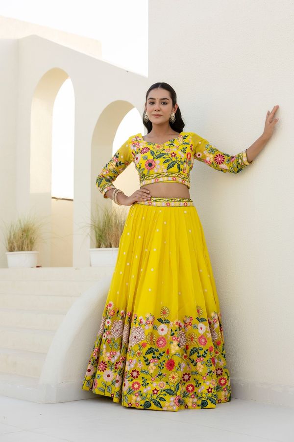 Yellow Organza Floral Embroidered Lehenga Choli with Sequins and Thread Work