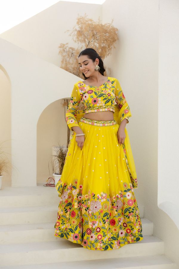 Yellow Organza Floral Embroidered Lehenga Choli with Sequins and Thread Work