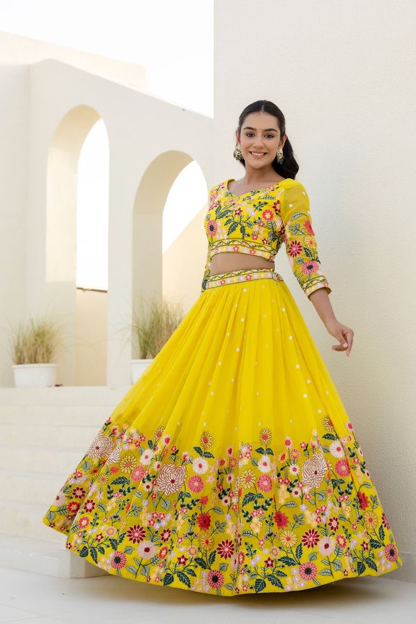 Yellow Organza Floral Embroidered Lehenga Choli with Sequins and Thread Work