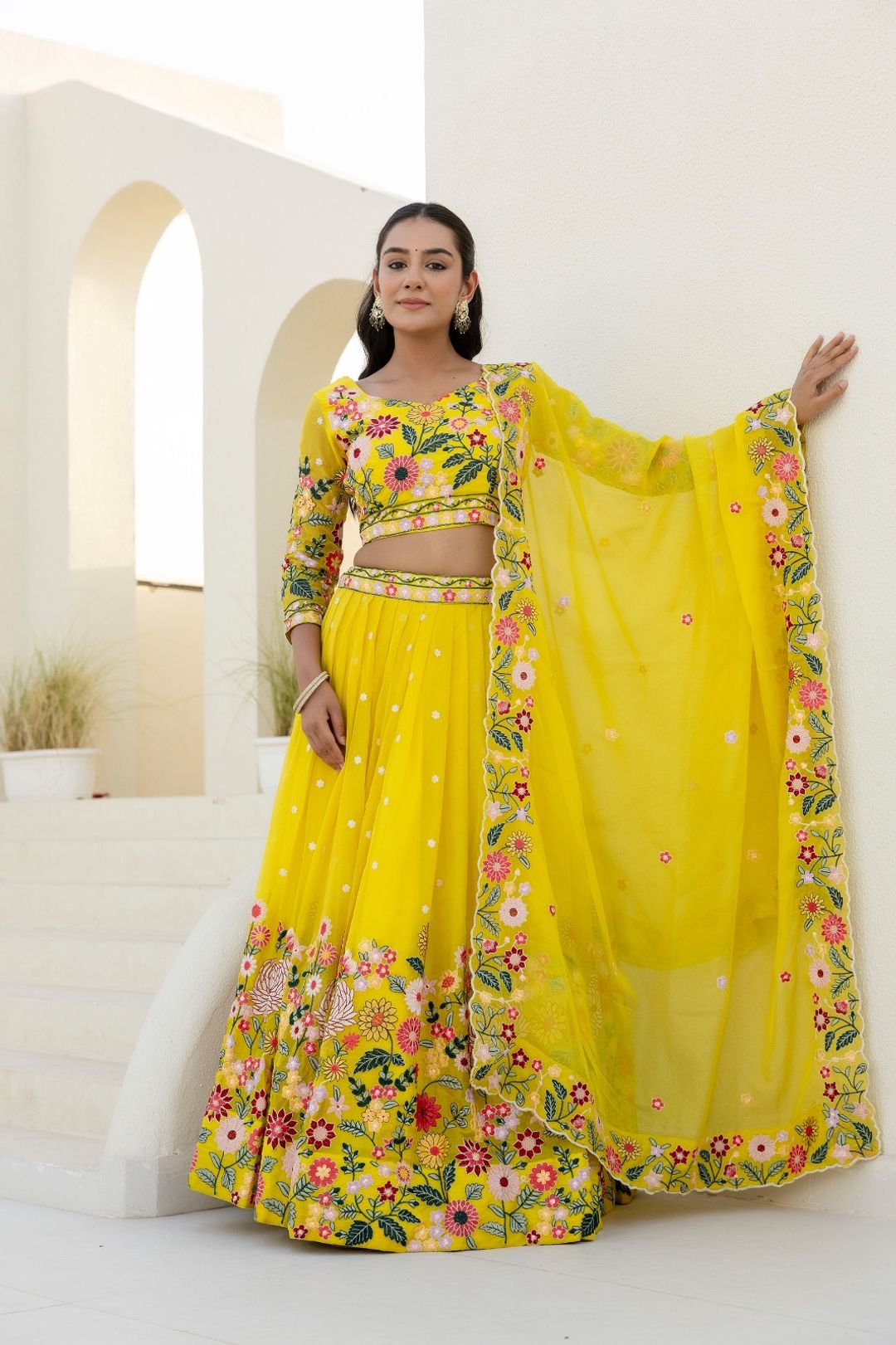 Yellow Organza Floral Embroidered Lehenga Choli with Sequins and Thread Work