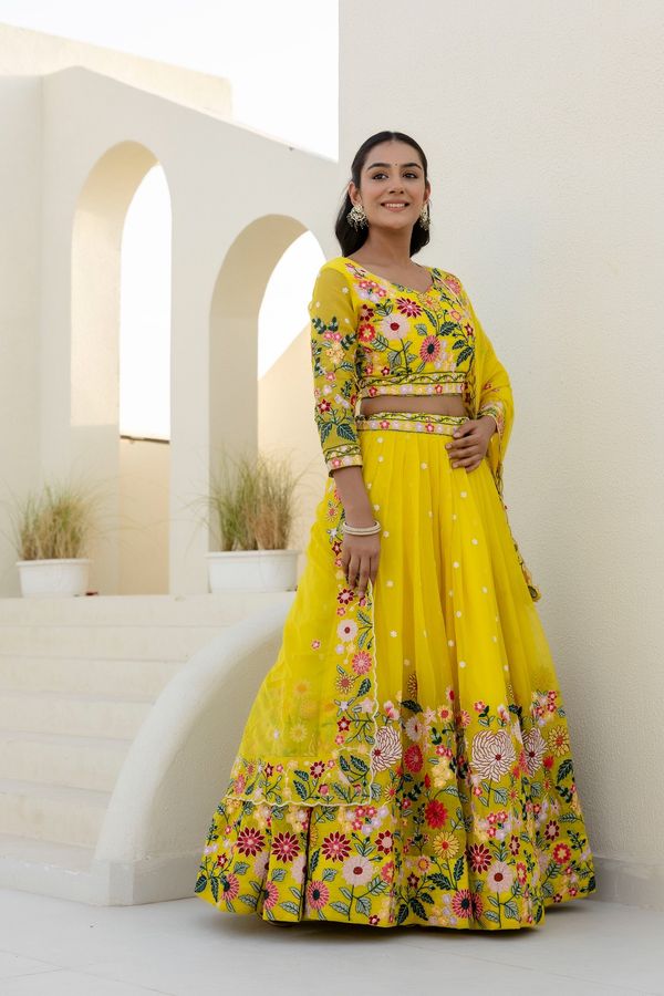 Yellow Organza Floral Embroidered Lehenga Choli with Sequins and Thread Work