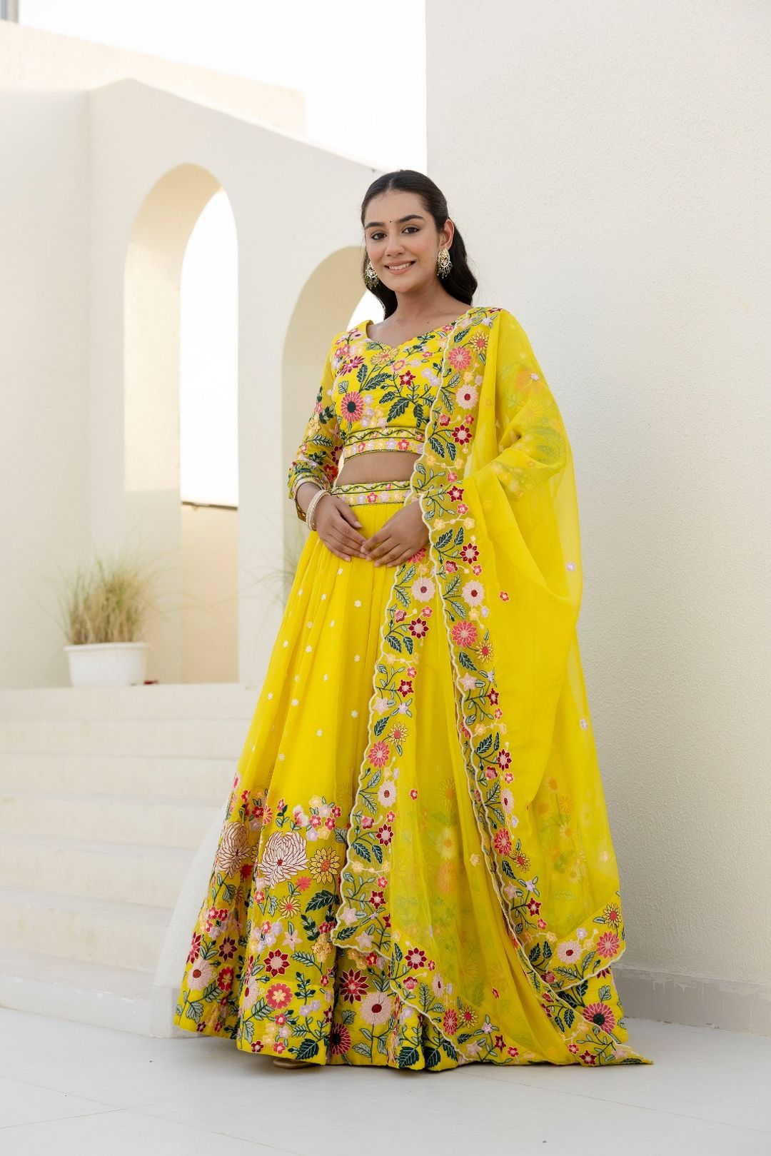 Yellow Organza Floral Embroidered Lehenga Choli with Sequins and Thread Work
