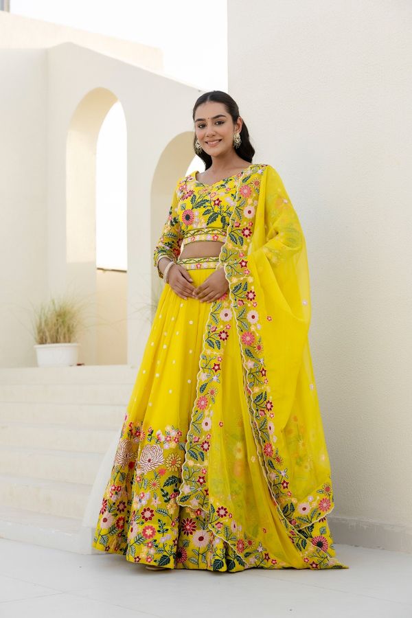 Yellow Organza Floral Embroidered Lehenga Choli with Sequins and Thread Work