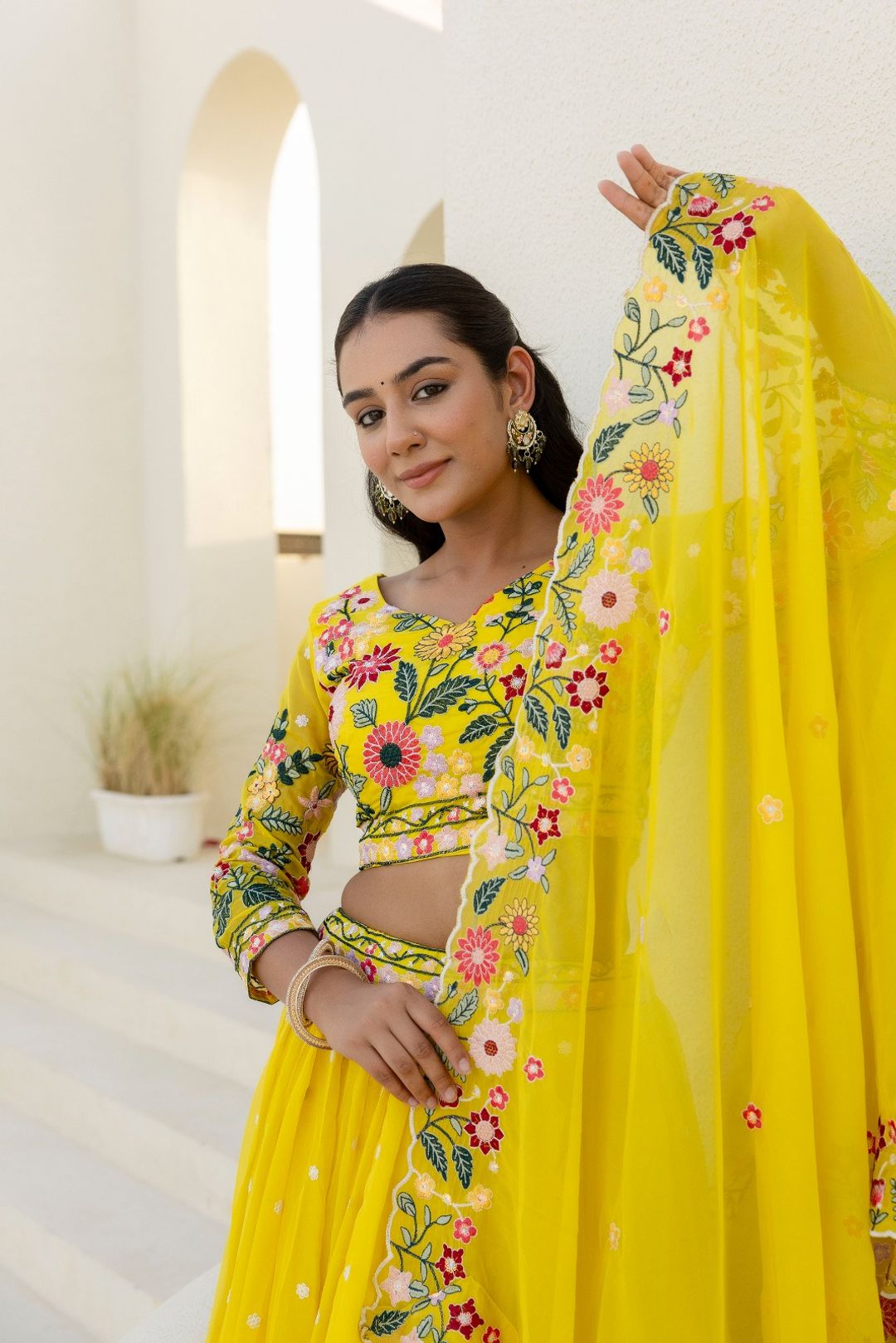 Yellow Organza Floral Embroidered Lehenga Choli with Sequins and Thread Work