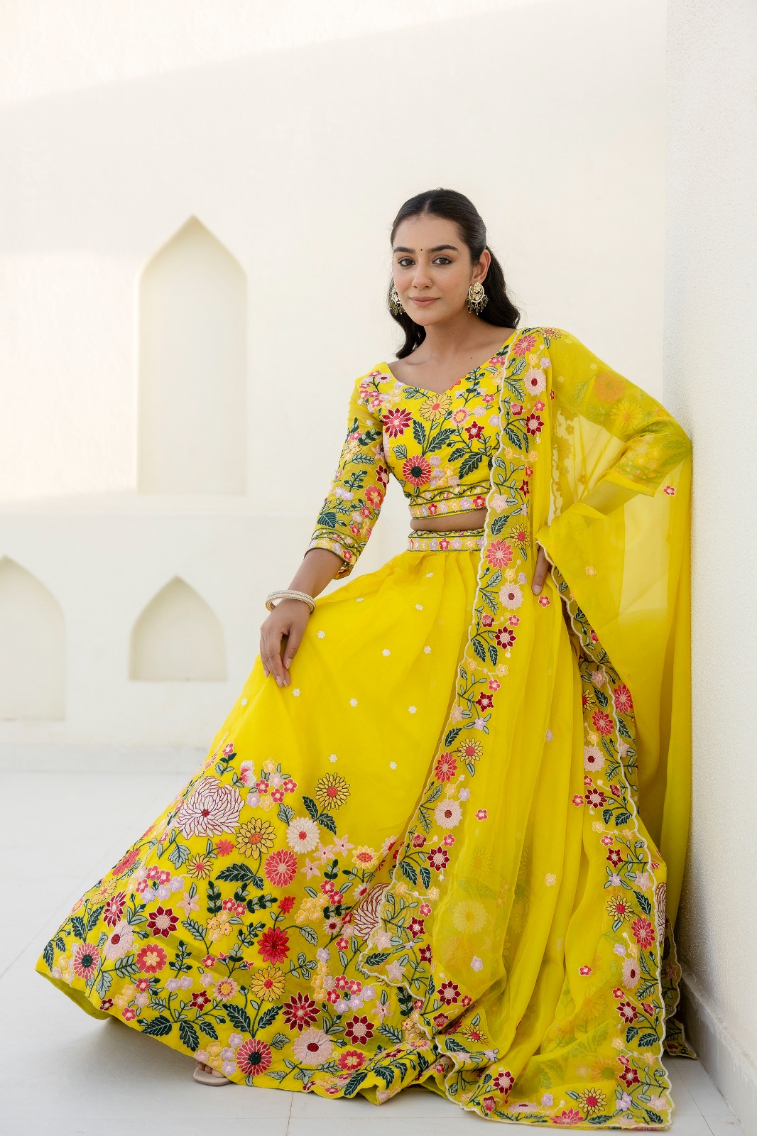 Yellow Organza Floral Embroidered Lehenga Choli with Sequins and Thread Work
