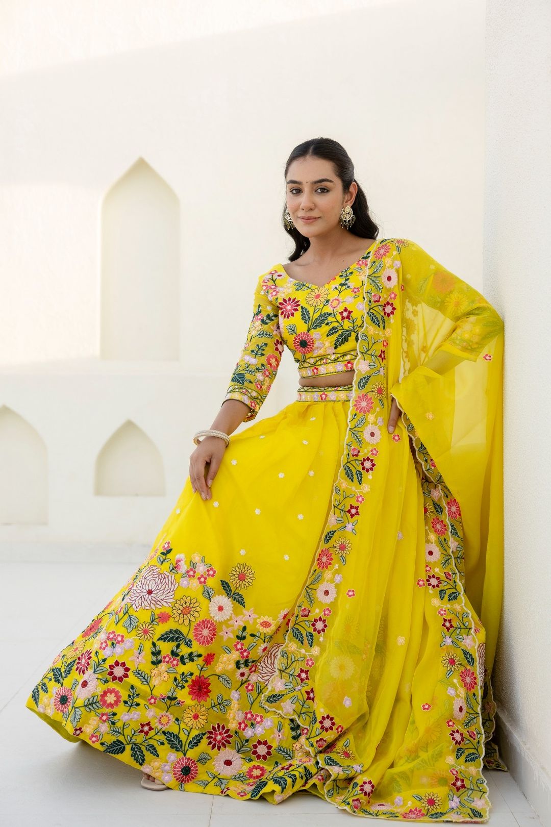 Yellow Organza Floral Embroidered Lehenga Choli with Sequins and Thread Work