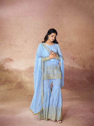 Georgette Embroidered Sharara Set with Sequin Work Top and Dupatta